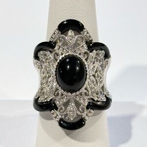Vintage Onyx & Sterling Silver 925 Wide Ornate Ring Size 8.75 Chunky